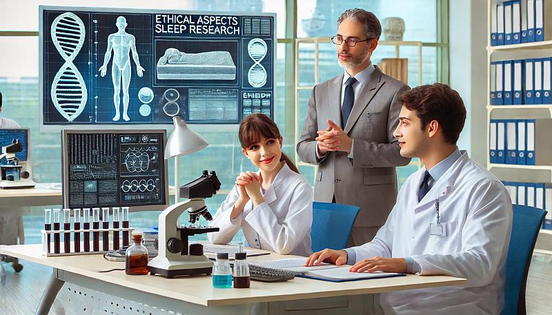Naukowcy w nowoczesnym laboratorium dyskutujący na temat etycznych aspektów badań nad snem.