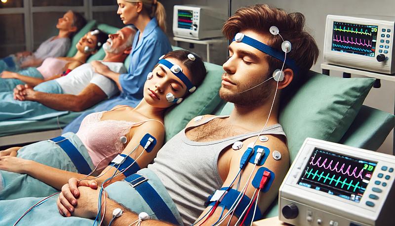 Pacjenci poddawani polisomnografii w klinice snu, z sensorami monitorującymi fale mózgowe, ruchy oczu, napięcie mięśniowe, funkcje serca i oddychania.