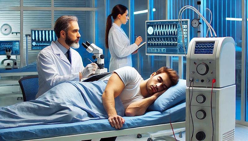 Laboratorium snu pokazujące pacjentów poddawanych polisomnografii z sensorami przymocowanymi do monitorowania wzorców snu.
