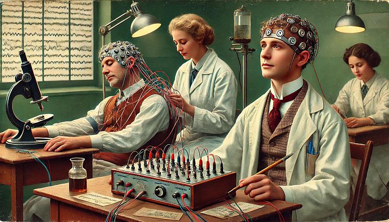 Naukowcy używający wczesnych maszyn EEG do badania wzorców snu na początku XX wieku.