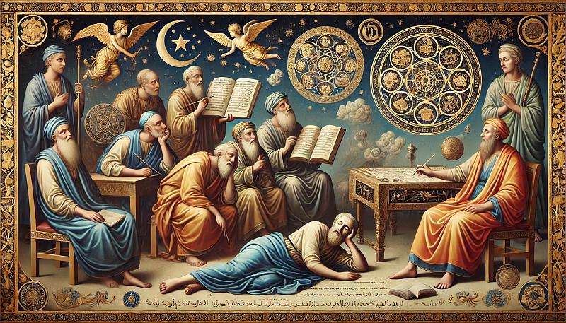 Scena przedstawiająca starożytnych uczonych badających sny, z symbolami związanymi ze snem i interpretacją snów, w realistycznym stylu