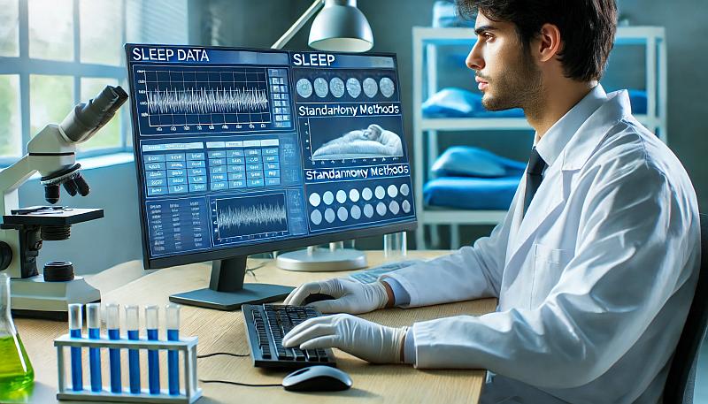 Naukowiec analizujący dane dotyczące snu na komputerze w laboratorium, skupiając się na metodach standaryzacji