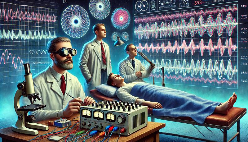 Naukowcy odkrywający fazę REM w latach 50., używający maszyn EEG i obserwujący szybkie ruchy gałek ocznych, w realistycznym stylu.