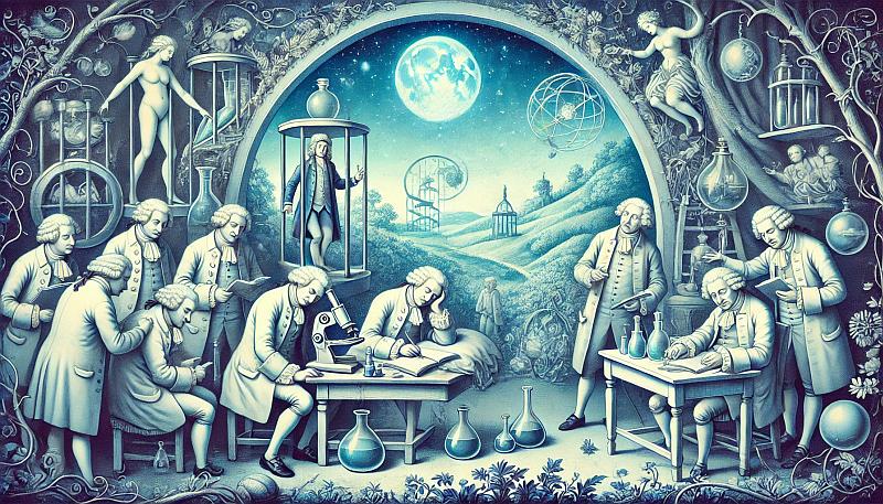 Scena z XVIII wieku przedstawiająca naukowców prowadzących pierwsze badania naukowe nad snem, w lekko bajkowym stylu z odcieniami błękitu.