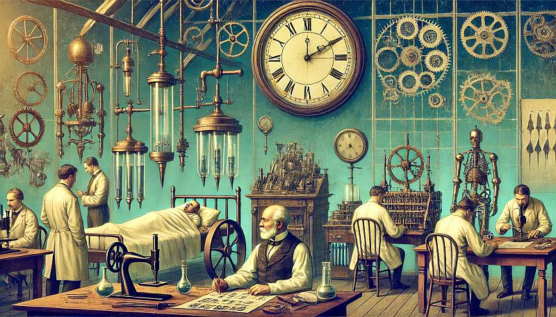 Naukowcy z XIX wieku prowadzący wczesne badania nad snem, korzystający z podstawowego wyposażenia laboratoryjnego, w realistycznym stylu.