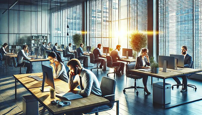 Zdjęcie przedstawiające pracowników biurowych, którzy wyglądają na skoncentrowanych i produktywnych, w jasnym, dobrze oświetlonym biurze.