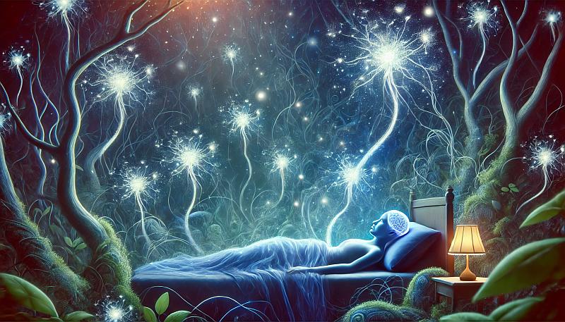 Ilustracja regeneracji mózgu podczas głębokiego snu, z neuronami świecącymi i odnawiającymi się w magicznym, sennym otoczeniu