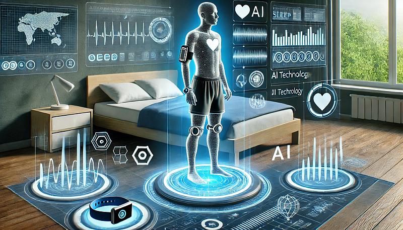 Futurystyczna scena przedstawiająca awatar osoby używającą przenośnych urządzeń monitorujących sen oraz technologię AI analizującą dane dotyczące snu.