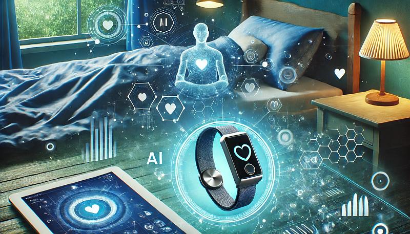 Futurystyczna scena przedstawiająca przenośne urządzenia monitorujące sen oraz technologię AI analizującą dane dotyczące snu.