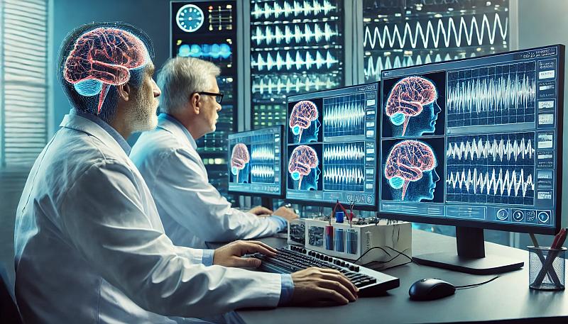 Badacze studiujący aktywność mózgu podczas snu REM w laboratorium, z monitorami pokazującymi wzorce fal mózgowych