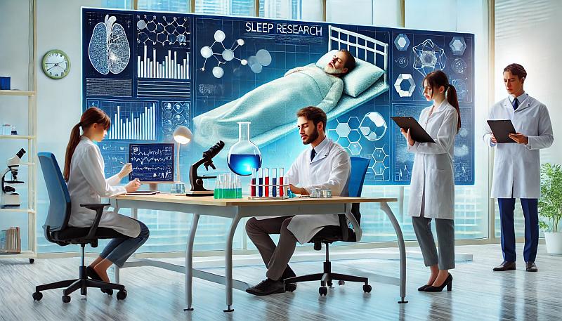 Naukowcy z różnych dyscyplin współpracujący w nowoczesnym laboratorium nad badaniami snu