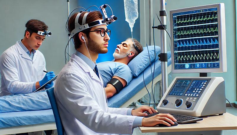 Naukowcy używający zaawansowanego sprzętu diagnostycznego do monitorowania wzorców snu w klinice snu.