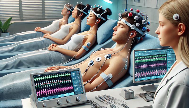 Klinika snu, w której pacjenci przechodzą polisomnografię, z sensorami monitorującymi fale mózgowe, ruchy oczu, napięcie mięśniowe, funkcje serca i oddychania.