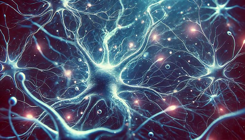 Zbliżenie na neurony i neuroprzekaźniki w mózgu podczas snu, pokazujące zmiany neurochemiczne, w magicznym stylu z odcieniami granatu