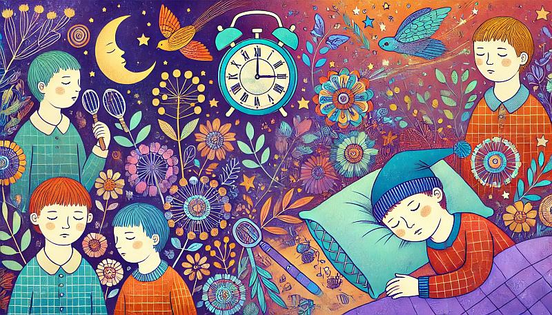 Obrazek przedstawiający dzieci i nastolatków śpiących spokojnie, podkreślający znaczenie snu dla ich fizycznego i psychicznego rozwoju, w kolorowym, bajkowym stylu.