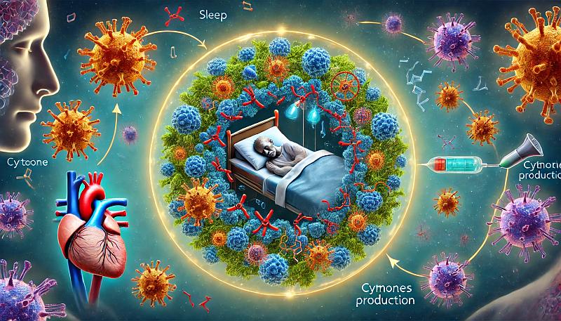 Grafika przedstawiająca mechanizm działania układu odpornościowego podczas snu, z podkreśleniem produkcji cytokin, w realistycznym stylu.